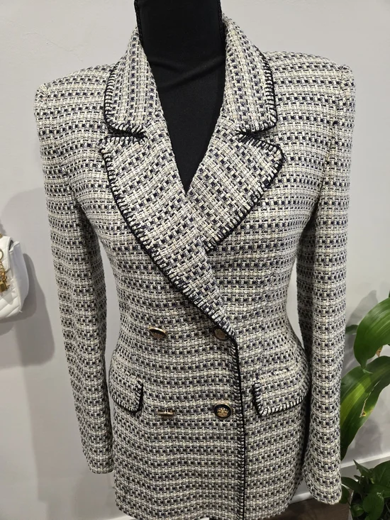 Zara Cream & Black Tweed Double-Breasted Blazer - Picture 3 of 5